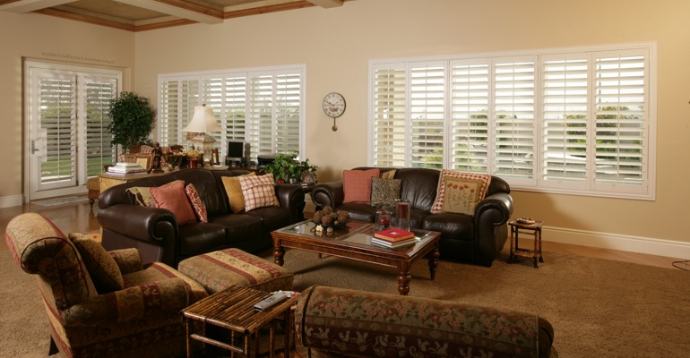 Houston basement with polywood shutters.